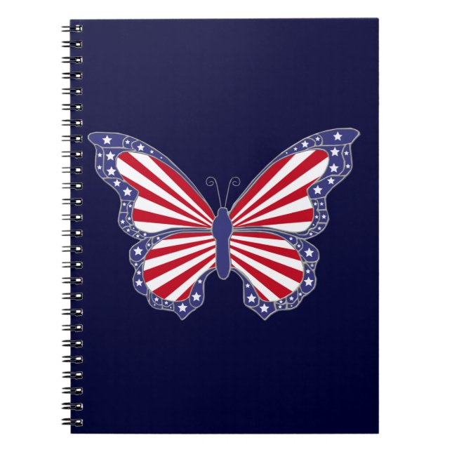 Patriotic Red White Blue Butterfly Spiral Notebook (Front)