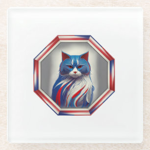 Patriotic Red White & Blue Cat In Frame Glass Coaster
