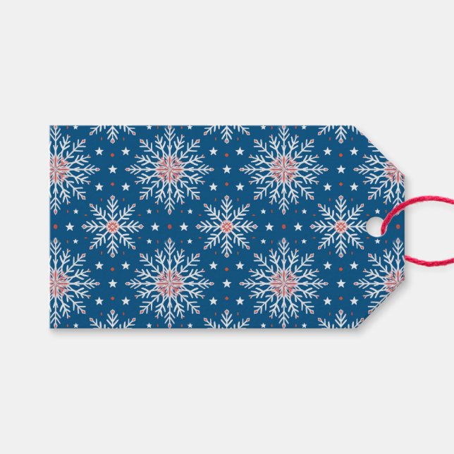 Patriotic Red White Blue Christmas Snowflake Tag (Front (Horizontal))