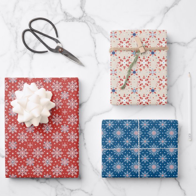 Patriotic Red White Blue Christmas Snowflake Wrap Wrapping Paper Sheets (Front)