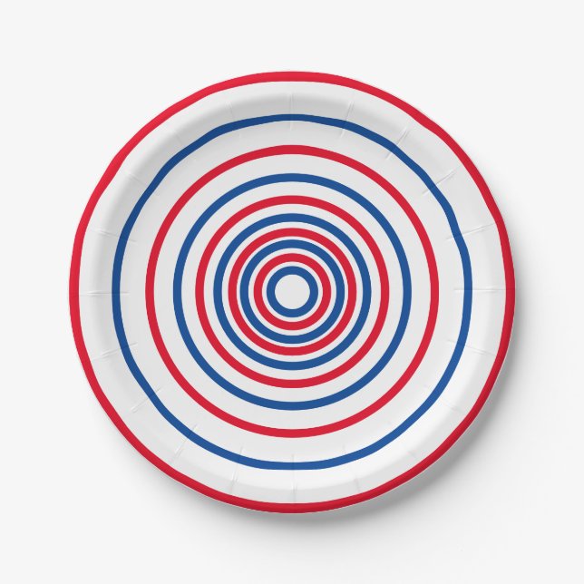 Patriotic red white blue circles stripes holiday paper plates (Front)