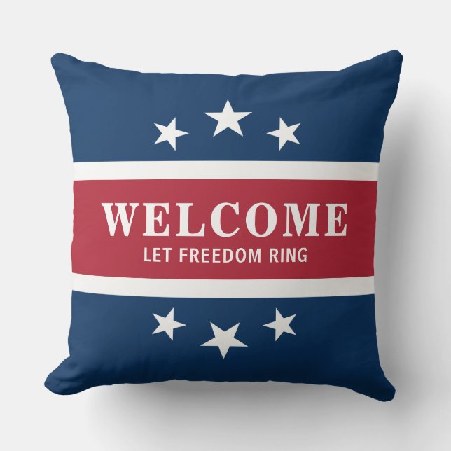 Patriotic Red White Blue Color Block Stars Throw Pillow (Front)