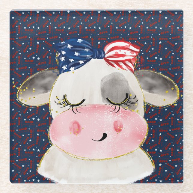 PATRIOTIC RED WHITE BLUE COW GLASS COASTER (Front)