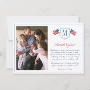 Patriotic Red White Blue Crest Family Picture Thank You Card