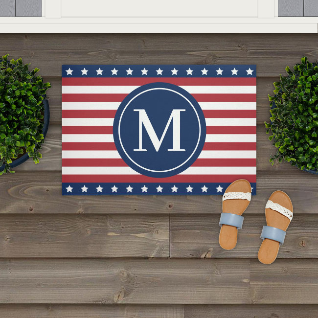 Patriotic Red White Blue Custom Monogram Initial Doormat