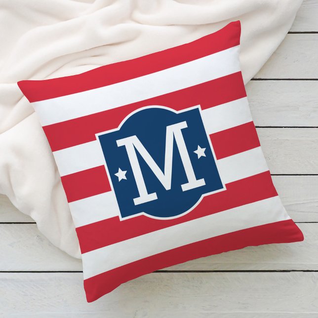 Patriotic Red White Blue Custom Monogram Initial Outdoor Pillow (Creator Uploaded)