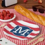 Patriotic Red White Blue Custom Monogram Initial Paper Plates<br><div class="desc">Patriotic paper plate design features a decorative frame with custom monogram initial,  star accents,  and horizontal stripes. Navy blue,  red,  and white colors.</div>