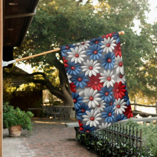 PATRIOTIC RED WHITE BLUE DAISY FLOWERS HOUSE FLAG