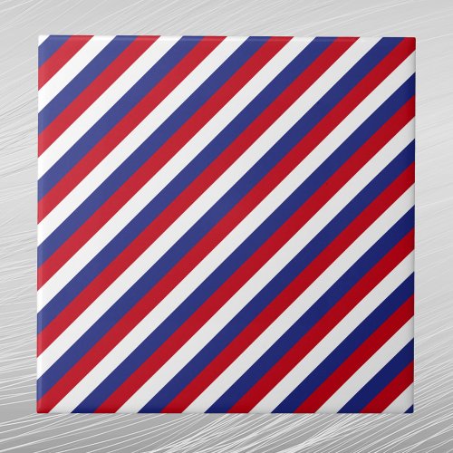 Patriotic Red White Blue Diagonal Stripe Ceramic Tile