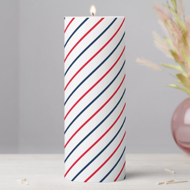 Patriotic red white blue diagonal stripes pattern pillar candle (In Situ)