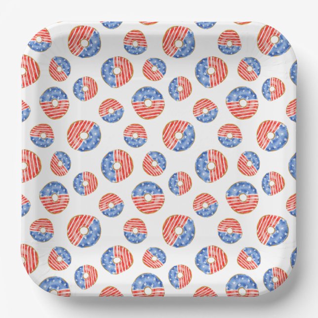 PATRIOTIC RED WHITE BLUE DONUTS PAPER PLATES (Front)