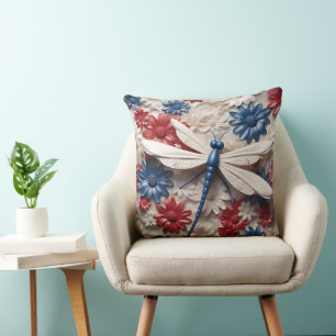 PATRIOTIC RED WHITE BLUE DRAGONFLIES & FLOWERS THROW PILLOW