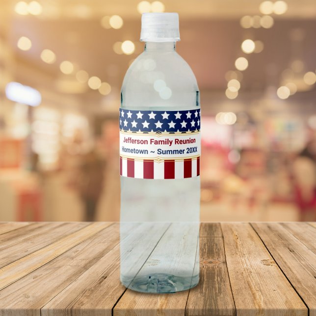 Patriotic Red White Blue Family Name Year Event Water Bottle Label (Stars and Stripes Red White Blue Family Name Year Water Bottle Label Name, Event and Date template.)