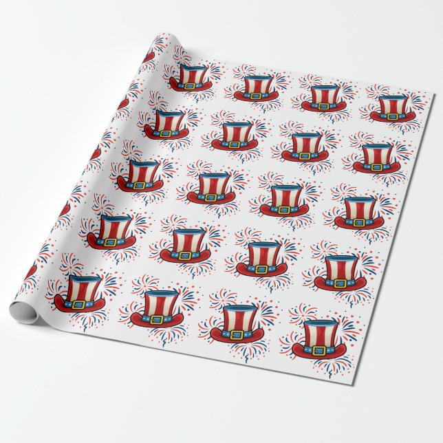 Patriotic Red White Blue Fireworks 4th of July Wrapping Paper (Unrolled)