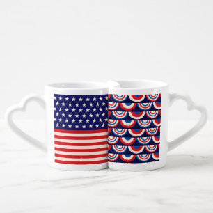 PATRIOTIC RED WHITE BLUE FLAG & BUNTINGS COFFEE MUG SET
