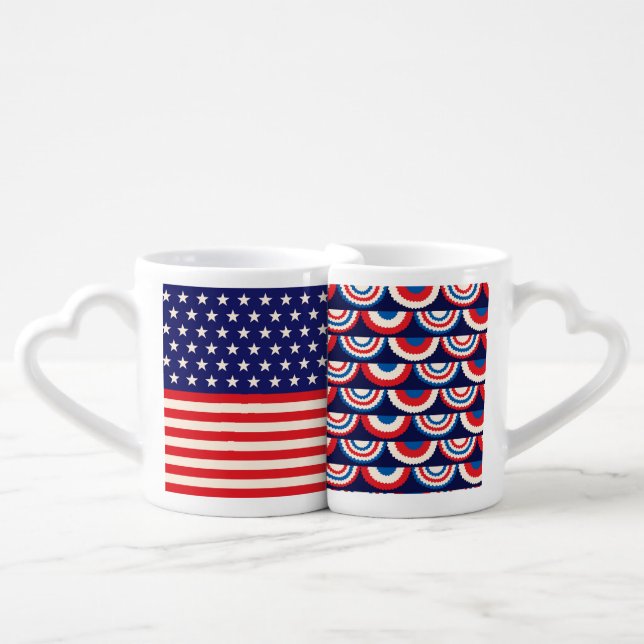 PATRIOTIC RED WHITE BLUE FLAG & BUNTINGS COFFEE MUG SET (Front Nesting)