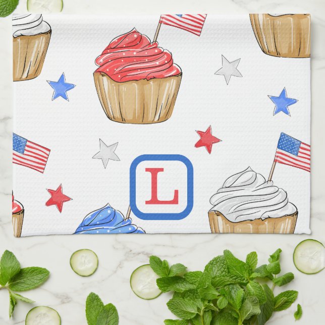 Patriotic Red White Blue Flag Cupcakes Monogram Kitchen Towel (Folded)
