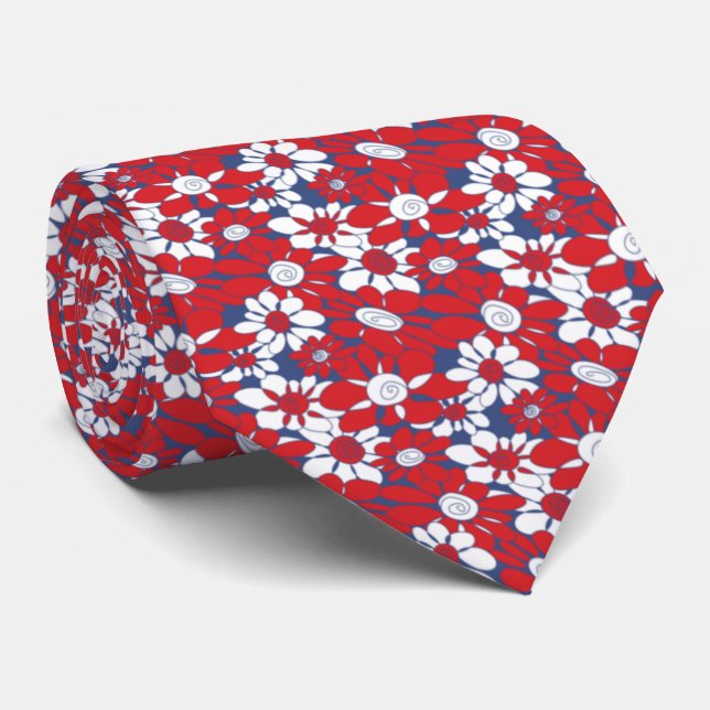 Patriotic Red White Blue Floral Neck Tie (Rolled)