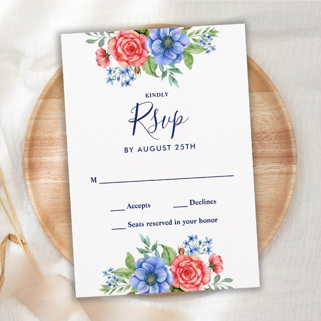 Patriotic Red White Blue Floral Wedding RSVP Note Card (Creator Uploaded)