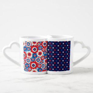 PATRIOTIC RED WHITE BLUE FLOWERS STARS COFFEE MUG SET