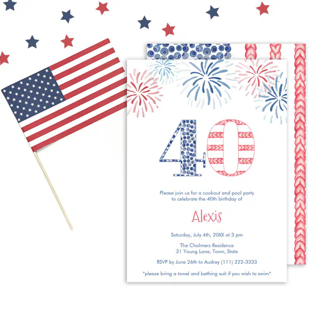 Patriotic Red White Blue Fun 40th Birthday Party Invitation | Zazzle