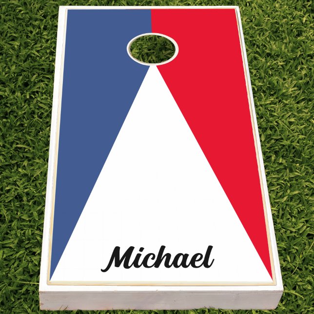 Patriotic Red White & Blue Geometric Name Cornhole Set (USA red white and blue cornhole set)