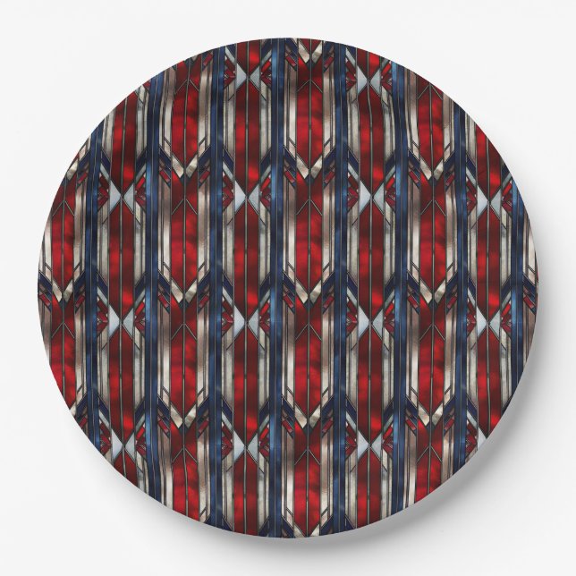 Patriotic Red White Blue Geometric Pattern Paper Plates (Front)