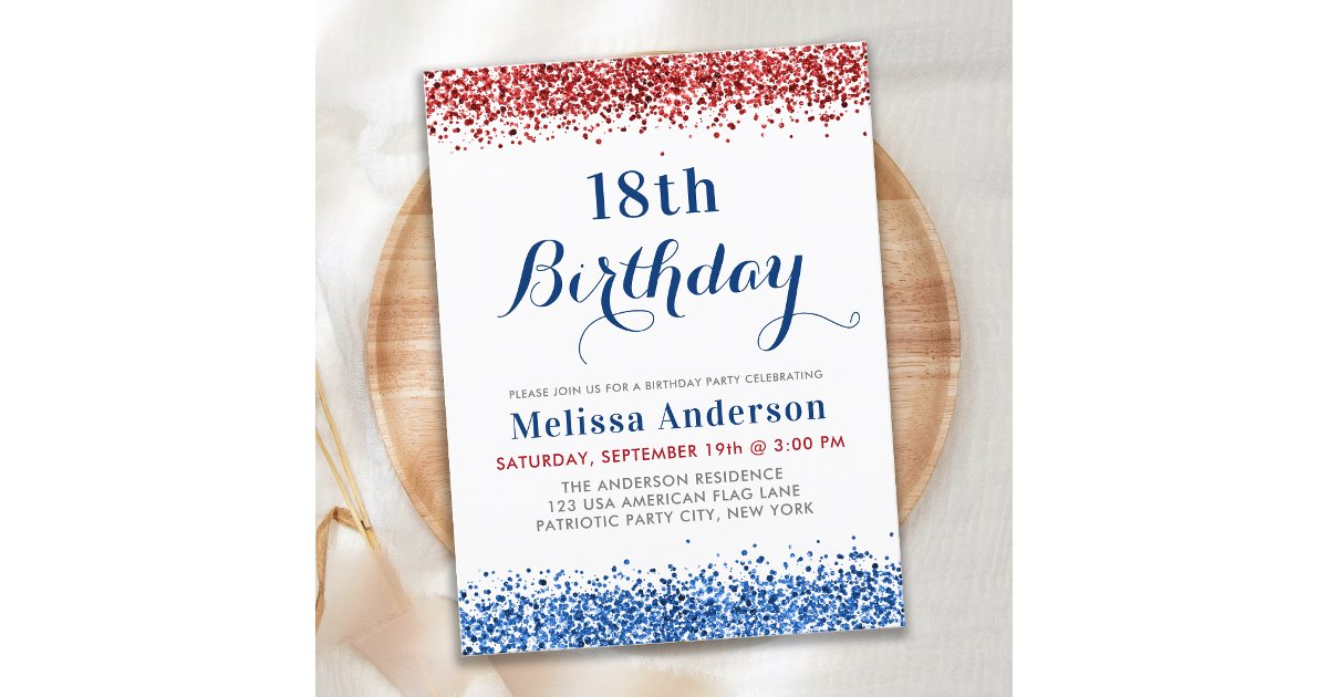 Patriotic Red White Blue Glitter Birthday Party Invitation Postcard ...