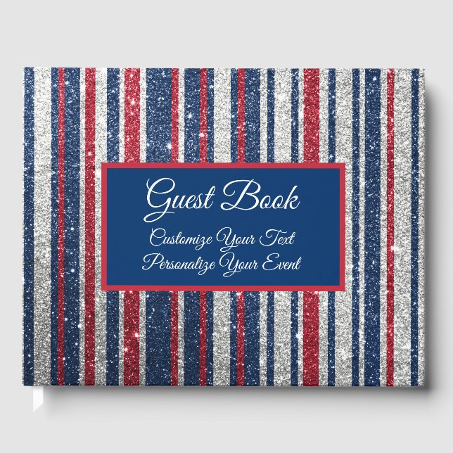 Patriotic Red White Blue Glitter Stripe Pattern Guest Book (Front)