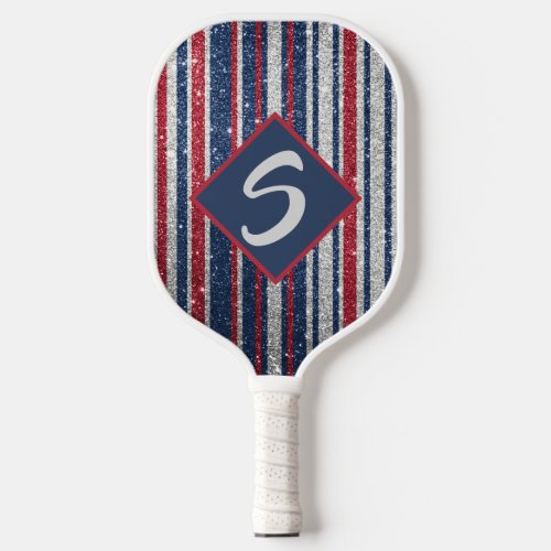 Patriotic Red White Blue Glitter Stripes Monogram Pickleball Paddle