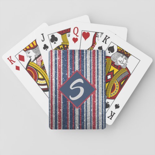 Patriotic Red White Blue Glitter Stripes Monogram Poker Cards