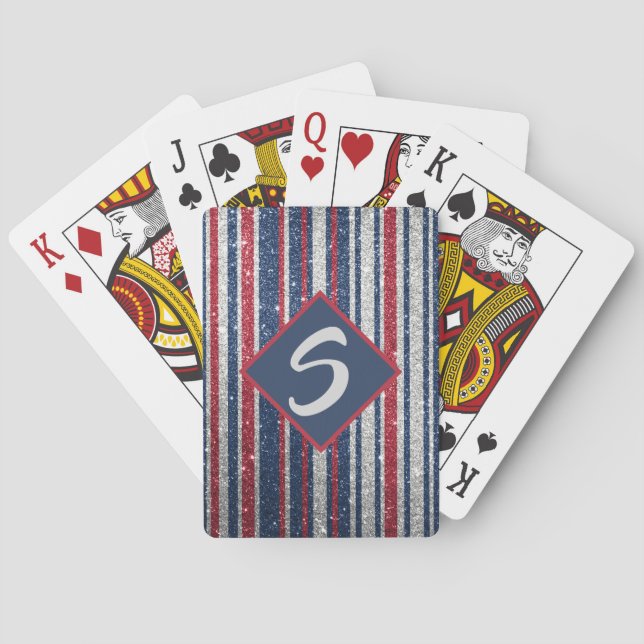 Patriotic Red White Blue Glitter Stripes Monogram Poker Cards (Back)