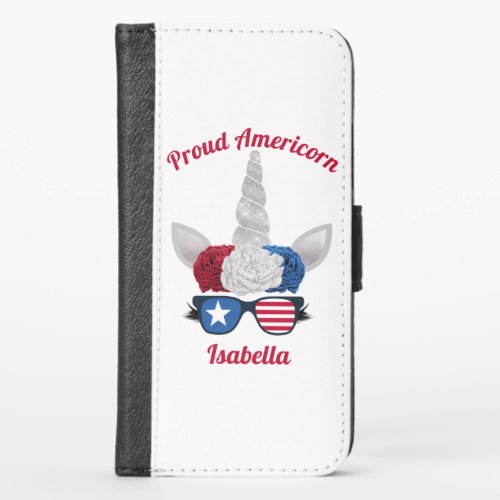 Patriotic Red White Blue Glitter Unicorn iPhone X Wallet Case