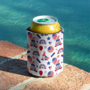 PATRIOTIC RED WHITE BLUE GNOMES FLAGS BALLOONS CAN COOLER
