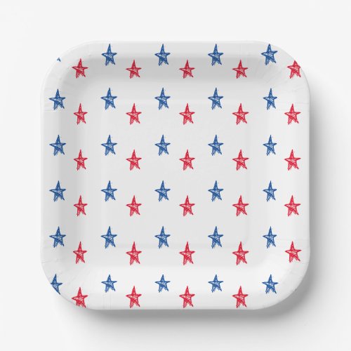 Patriotic red white blue hand drawn stars cute paper plates