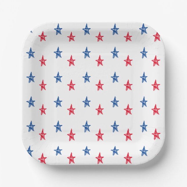 Patriotic red white blue hand drawn stars cute paper plates (Front)