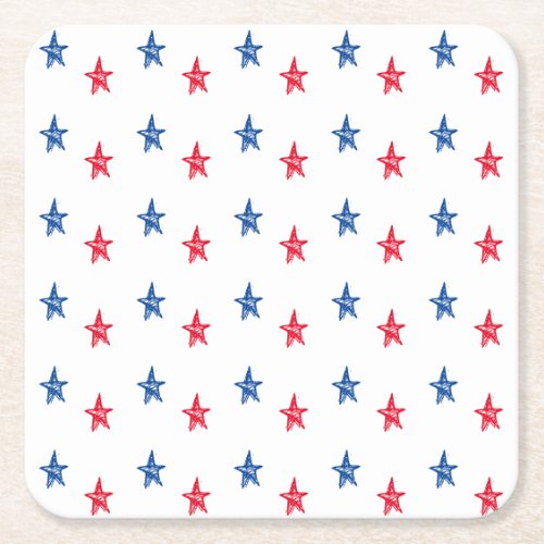 Patriotic red white blue hand drawn stars cute square paper coaster