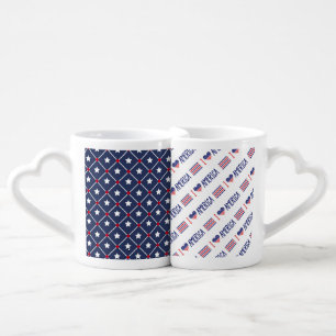 PATRIOTIC RED WHITE BLUE I LOVE AMERICA STARS COFFEE MUG SET
