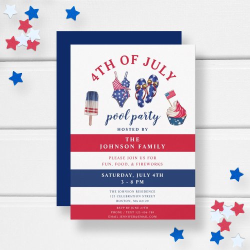 Patriotic Red White  Blue July Pool Party 4th Of Invitation
