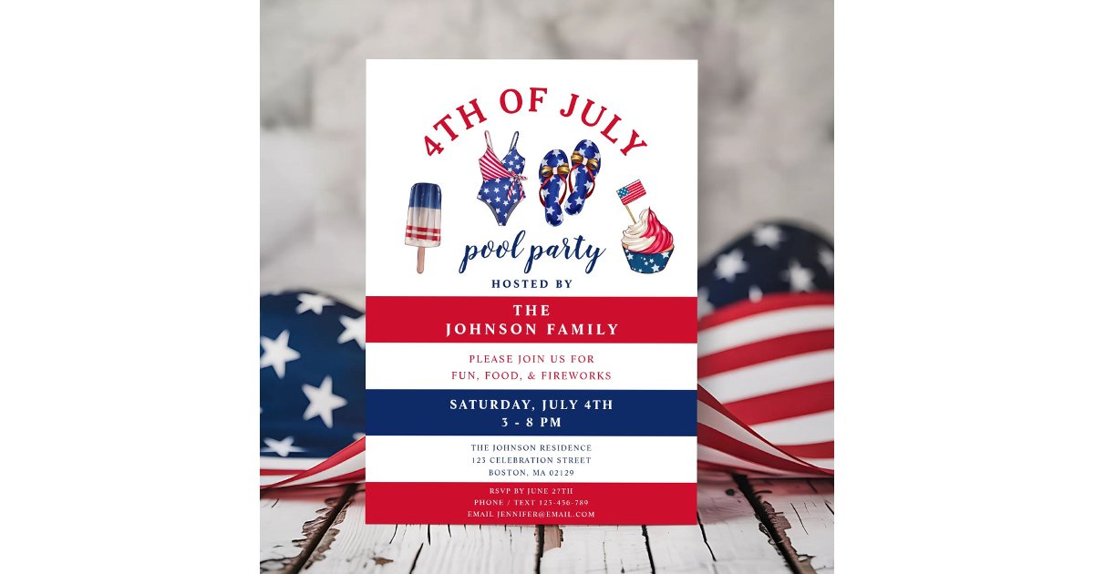 Patriotic Red White & Blue July Pool Party 4th Of Invitation | Zazzle