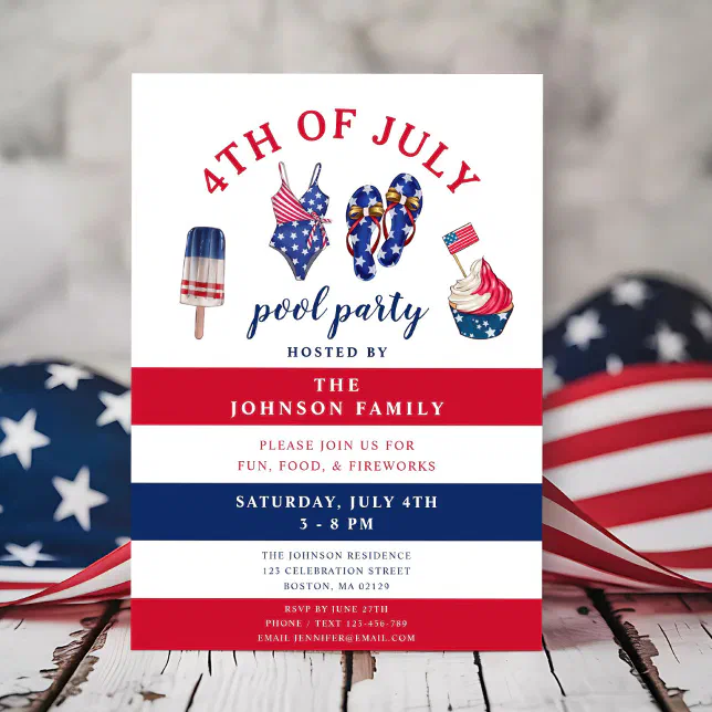Patriotic Red White & Blue July Pool Party 4th Of Invitation | Zazzle