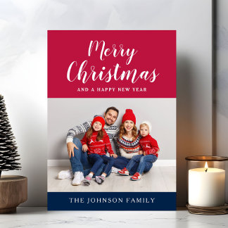 Patriotic Red White Blue Merry Christmas Photo Holiday Card