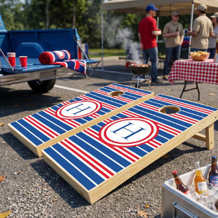 Patriotic Red White & Blue Modern Monogram Cornhole Set