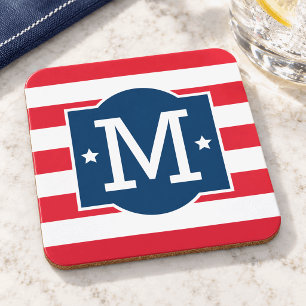 Patriotic Red White Blue Monogram Custom Beverage Coaster