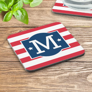Patriotic Red White Blue Monogram Custom Beverage Coaster