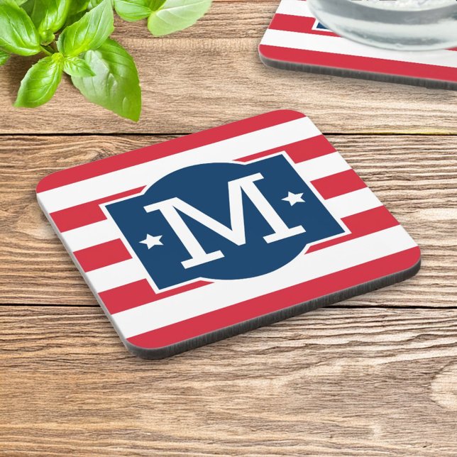 Patriotic Red White Blue Monogram Custom Beverage Coaster (Creator Uploaded)