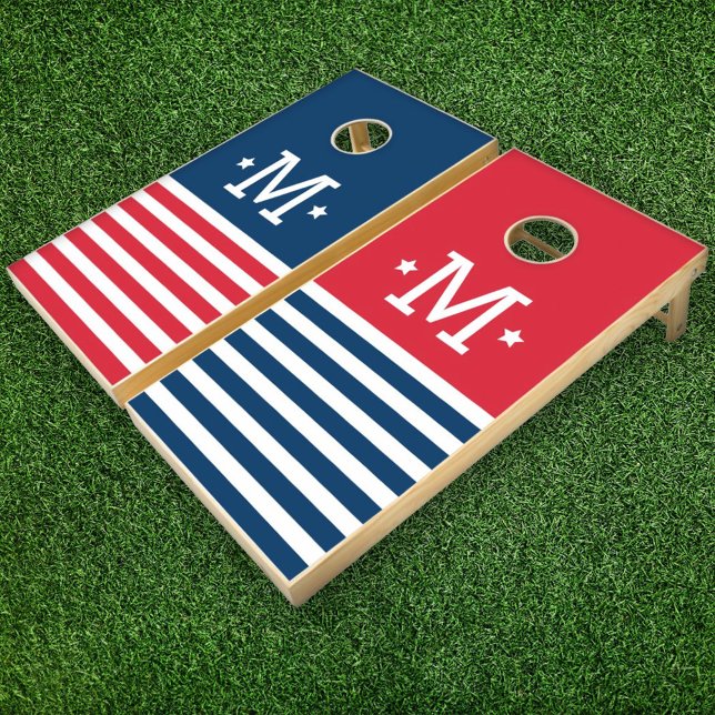 Patriotic Red White Blue Monogram Stripe Cornhole Set (Creator Uploaded)
