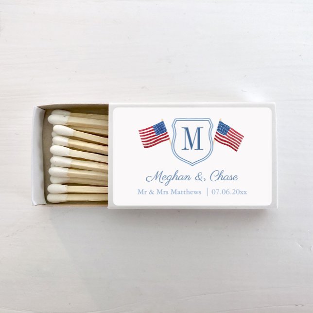 Patriotic Red White Blue Monogram Wedding Matchboxes (Patriotic single letter monogram wedding matches with hand painted watercolor USA flags)