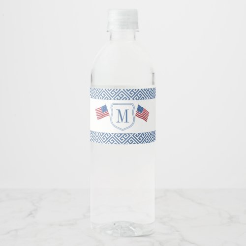 Patriotic Red White Blue Monogram Wedding Party Water Bottle Label