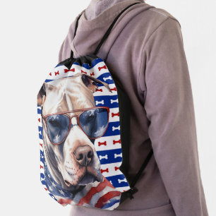 PATRIOTIC RED WHITE BLUE PIT BULL TERRIER DOG DRAWSTRING BAG